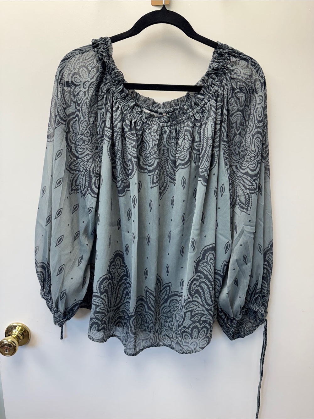 LOFT Light Blue and Gray Paisley Off-Shoulder Peasant Blouse